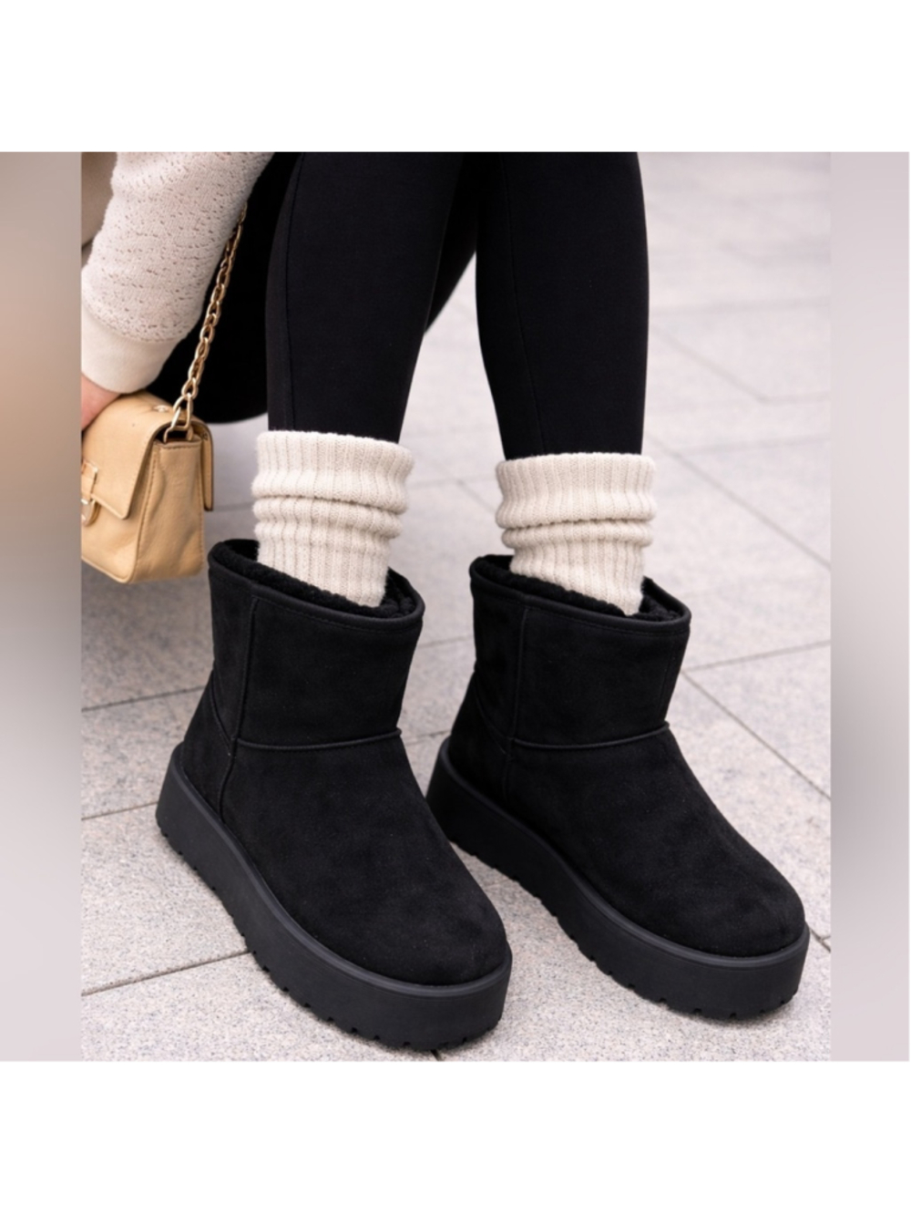 Women's Furry Faux Suede Ankle Platform Booties Black Size 6 New